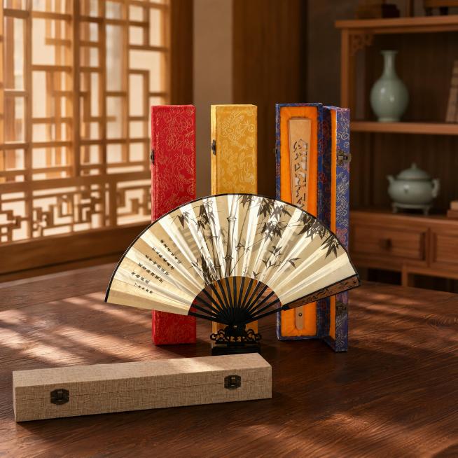 折扇包装盒，严格参照上传产品图https://gdesign-dam-hz.dancf.com/36925028275038258/4aa330cd3a884a1b8ee6cfdda9eb3b70.j预览效果