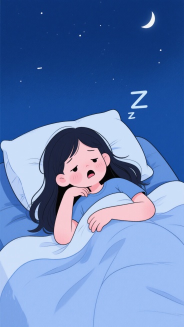 夜晚，女孩躺在床上，头枕着枕头，盖着被子，双手交叉放在胸前，右手托着下巴，长发散落在枕头上，眼睛里充满了疲惫，眉头微皱，嘴巴微微张开，似乎在打哈欠，她的脸上带着困倦的表情，背景是深蓝色的夜空，透着一股静谧的氛围，整体风格是可爱的卡通插画，色彩柔和，线条简洁流畅，展现出熬夜后的疲惫感。预览效果