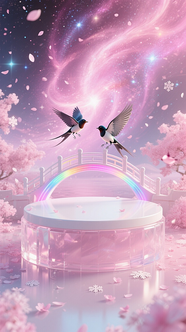 梦幻3D风，唯美的樱花与彩虹桥，浪漫双鸟飞翔，超现实主义场景。