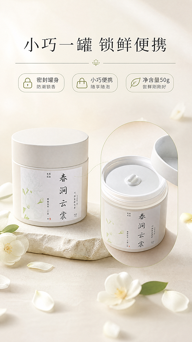 [商品] 使用【图2】【图3】【图4】春涧云裳白色小罐茉莉花茶侧面与斜角图；严格保留罐身所有原文字、图案与罐子7.5cm×7.5cm真实比例，不做任何变形。
[画面] 包装细节专张，左右组合构图：左侧为罐子侧面45°斜角展示（可见罐盖密封结构与罐身弧度），右侧为罐口开盖细节特写（展示密封内盖与锁鲜设计）；背景为浅米白渐变与几片茉莉花瓣点缀，突出包装质感与便携小罐的精致感；产品合计占画面约65%。
[视觉] 套系策略：风格=清新淡雅东方新中式商业摄影；标题字=清雅宋体（细衬线）；正文字=简洁无衬线细体；主色=茉莉白+浅米+浅嫩绿；背景延展=基于米白、浅灰做同色系渐变与柔光质感；强调色=浅朱砂红（仅小标签点缀）；标题色=深墨灰；正文色=中暖灰；组件=细线引线、小圆角信息标签；光影=柔和顶侧光，突出罐体哑光质感与密封结构。
[文字] 上方横排主标题"小巧一罐 锁鲜便携"，下方配3个短卖点「密封罐身 防潮锁香」「小巧便携 随享随泡」「净含量50g 尝鲜刚刚好」；文字横排，不遮挡罐身标签。
[规格] 淘宝/天猫详情页单屏9:16竖版，4K，负向：避免罐子变形、比例失真、标签错乱、冷蓝调、极限词。