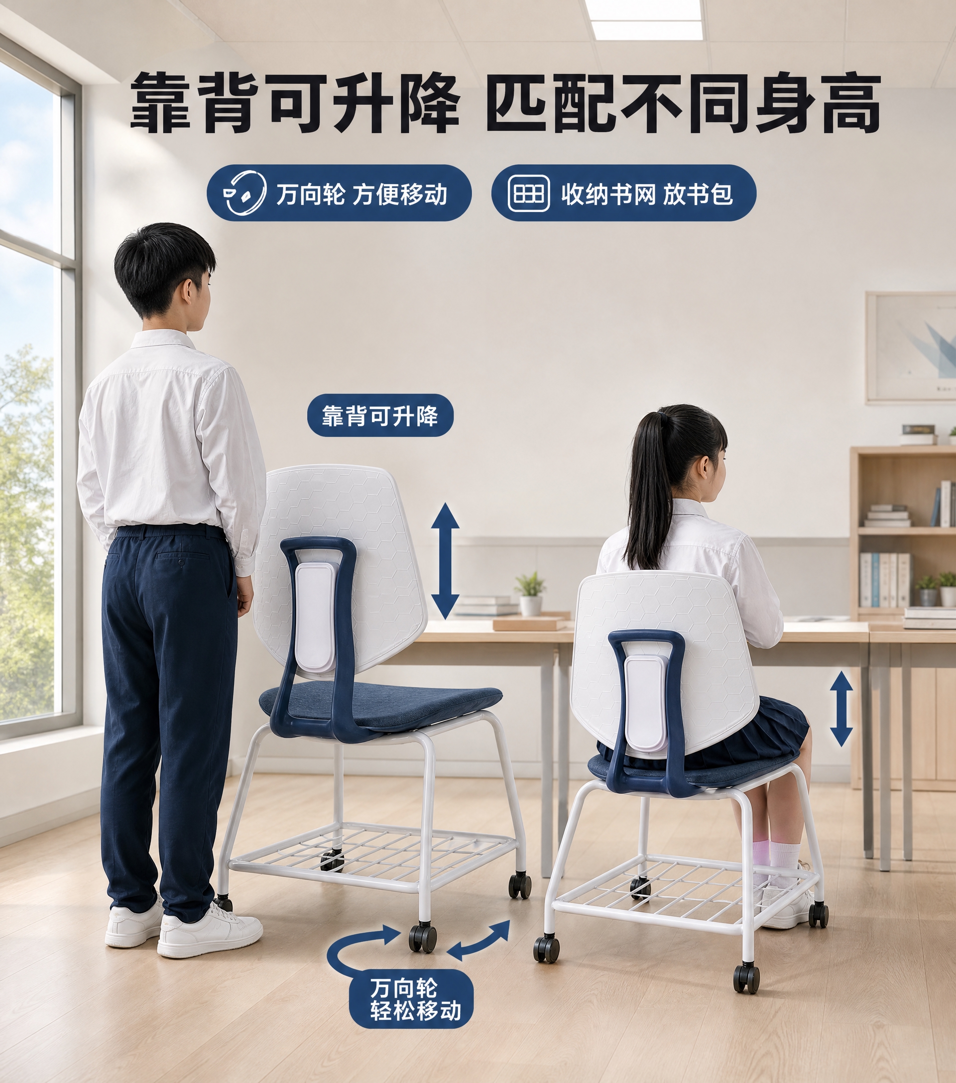 [主图-5] 调节与移动图：靠背可升降匹配不同身高学生，万向轮… - 图片创意预览