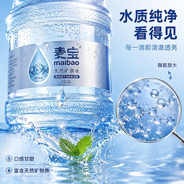 [主图-3] 麦宝天然矿泉水12.3L水质细节与微距特写图，纯净质感微观种草。
[氛围风格] 微距纯净水世界，清透晶莹，传递水质纯净与高品质感；
[画质] 商业摄影质感、微距超高清、光线通透、水珠细节锐利、画面干净高级。
[元素] 画面中心为麦宝天然矿泉水12.3L桶装的局部特写，聚焦桶身中部标签与清澈水体。桶身前侧有一滴晶莹剔透的水珠正在滑落，水珠内部折射出光线，呈现彩虹般色散效果。桶内水体中有细密上升的微小气泡，展示水的鲜活感。画面下方有一片薄荷叶轻轻落入水中，溅起微小水花与涟漪，水花凝固在空中，动态感强。背景为渐变的浅蓝色到透明，简洁纯净，突出水质细节。右侧有放大镜效果区域，放大展示水分子般的清透质感与纯净度。**保持麦宝天然矿泉水12.3L桶装产品外观（即桶身形状、材质质感、标签设计、颜色）与真实桶装水一致，杜绝任何变形和色差，精细化处理**。商品主体占比约70%；画面满屏无边框。
[光影] 顶部柔光为主光，均匀照亮水体与水珠；侧光勾勒桶身轮廓与水珠高光；底部微光提亮暗部，整体通透晶莹，高光锐利，暗部纯净无杂色。
[配色] 主色清透浅蓝（水的质感）；辅色白色、薄荷绿；字色深蓝与白色。
[视角构图] 平视微距特写，聚焦桶身中部与水珠；景深极浅，背景虚化纯净，水珠与水花为视觉焦点。
[文字版式] 右上区域右对齐留安全边距，主标题"水质纯净 看得见"深蓝色粗体无衬线最大号；下方辅助文案"每一滴都清澈透亮"细体浅蓝色，字号约主标题一半。放大镜区域旁标注"微距放大"白色小字配深蓝色细箭头。左下区域左对齐两行卖点：「口感甘甜」「富含天然矿物质」，水滴形图标在前，深蓝色文字。
[输出要求] 1:1比例，2048px*2048px，文字清晰锐利，画面超高清商业摄影质感。
[负向提示词] 变形，文字错乱，产品图模糊，背景杂乱，水印，电商平台Logo，多余的手，多余的手指，畸形手，融合手指，手部扭曲，肢体穿模，人物面部扭曲，关节反折。