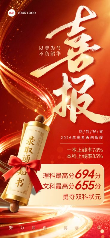 高考成绩喜报红金喜庆感全屏竖版海报预览效果
