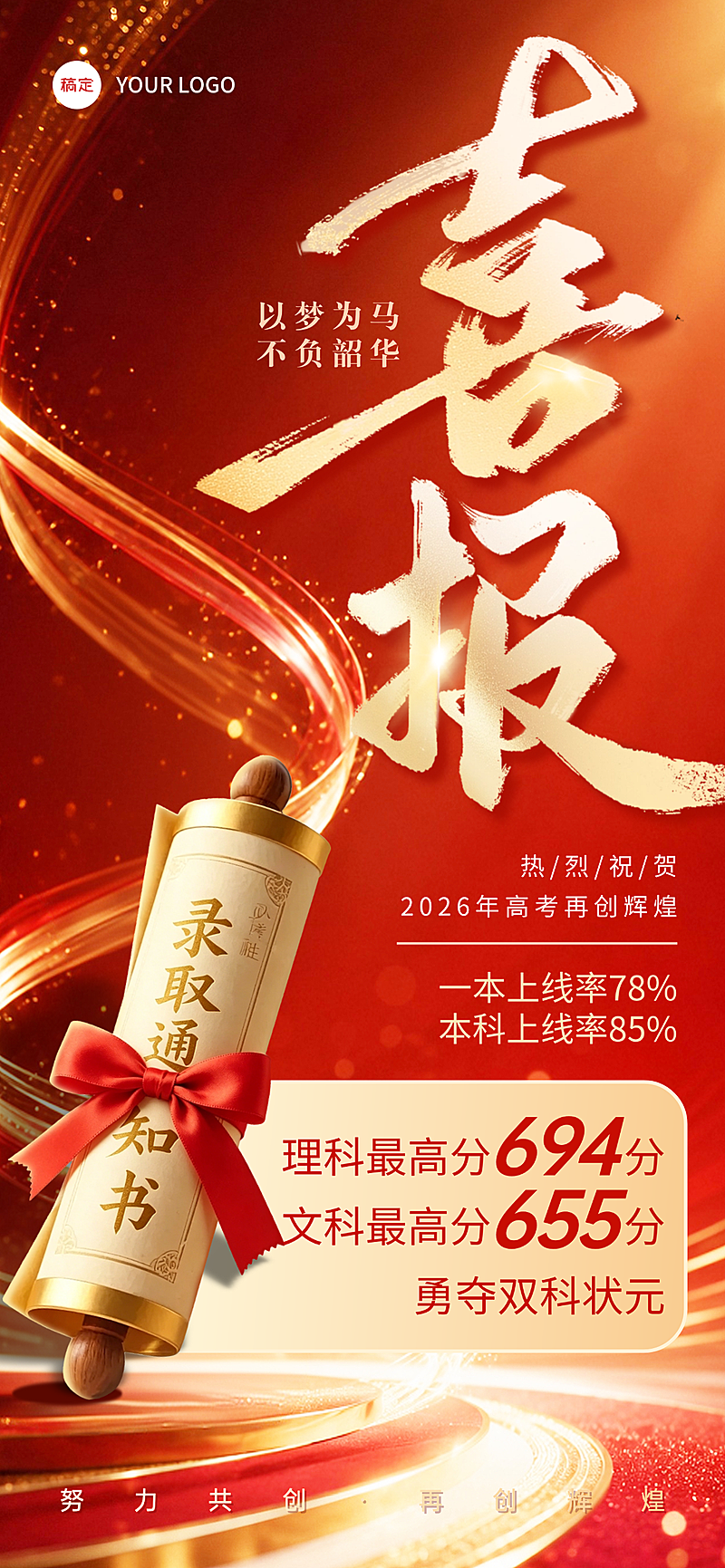 高考成绩喜报红金喜庆感全屏竖版海报