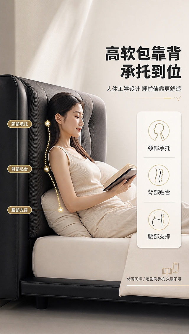 [商品] 使用【图1】黑色意式简约软包床；保留床头高软包设计、黑色皮质外框、布艺靠背、床体比例和整体结构；重点突出靠背软包厚度与饱满度，增强布艺纹理，不改变颜色和结构。
[画面] 目标：高软包靠背人体工学承托卖点页。左图右文版式，左侧约60%为床头靠背特写+人体倚靠示意，右侧约40%为文案与承托解析；产品床头占画面约50%，近景特写角度；展示一位亚洲女性侧身倚靠在床头，手持书本，背部与腰部自然贴合靠背；叠加人体脊柱曲线示意线，标注颈部、背部、腰部三大承托点。
[视觉] 套系策略：风格=意式极简轻奢商业摄影；标题字=现代无衬线粗体（思源黑体Heavy）；正文字=简洁无衬线体（思源黑体Regular）；主色=暖白+高级黑+浅米灰；背景延展=基于暖白与浅米灰做深浅层级、同色渐变和细腻哑光墙面/织物质感；强调色=香槟金，仅用于小面积图标、引线、标签和装饰线条；标题色=深炭黑；正文色=中暖灰；组件=圆角浅底信息卡、细金线引线、极简icon；光影=右前侧暖柔光，柔和自然阴影，亮色调为主，整体通透干净。
[文字] 右侧文案区：主标题「高软包靠背 承托到位」（10字），副标题「人体工学设计 睡前倚靠更舒适」（14字）；下方3个承托卖点图标+文字「颈部承托」「背部贴合」「腰部支撑」；底部小字「休闲阅读 / 追剧刷手机 久靠不累」；文字不遮挡人体与床头主体。
[规格] 图片比例9:16竖版，4K分辨率，淘宝/天猫平台适配；避免变形、错字、文字过小、冷蓝/蓝灰背景、床颜色改变、结构失真、极限词。