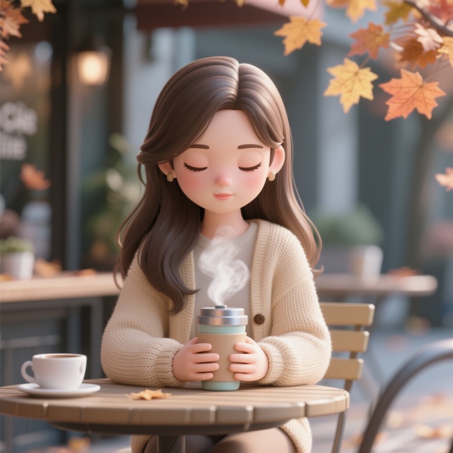 趣味3D插画风格，C4D渲染，OC渲染，Blender建模，柔软光线，马卡龙色系，泡泡玛特盲盒质感，光滑黏土材质，影棚打光，8k分辨率，超细节，一位文静柔和的年轻女性，长发披肩，穿着米色针织开衫，坐在预览效果