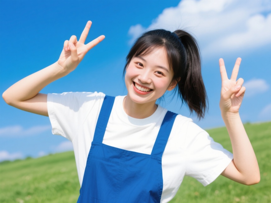 一个元气少女，扎着高马尾，穿着白色T恤和蓝色背带裤，脸上带着灿烂的笑容，眼睛明亮有神，双手比着耶的手势，背景是蓝天白云和绿色草地，整体画面色彩明快活泼，充满青春活力预览效果