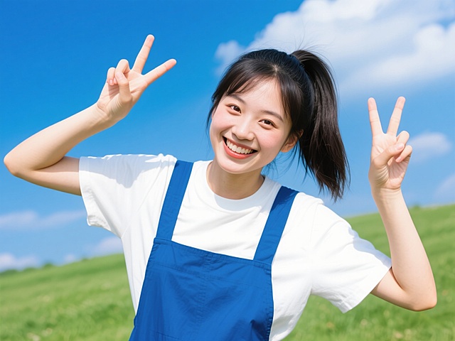 一个元气少女，扎着高马尾，穿着白色T恤和蓝色背带裤，脸上带着灿烂的笑容，眼睛明亮有神，双手比着耶的手势，背景是蓝天白云和绿色草地，整体画面色彩明快活泼，充满青春活力