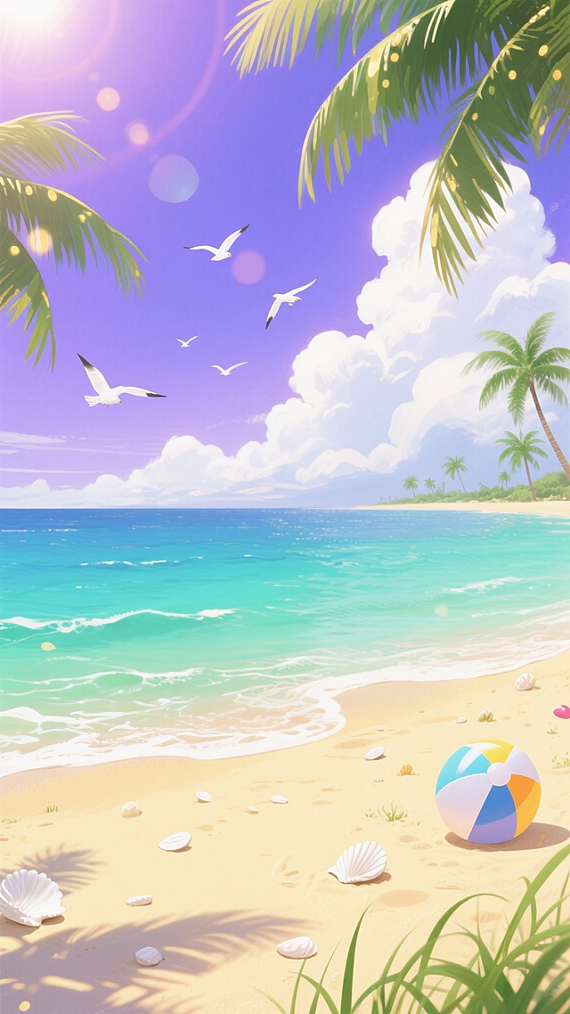 夏日海边风景插画，视角从沙滩望向海面与天空，近处是细腻的浅黄色沙滩，散落着白色贝壳、彩色沙滩球和绿色海草，海水呈现渐变的青绿色至蓝绿色，波光粼粼，远处海天相接处有零星的绿色棕榈树点缀，天空是明亮的蓝紫色渐变，漂浮着蓬松的白色积云，几只白色海鸥在天空飞翔，画面边缘有几片翠绿的棕榈叶垂落形成自然边框，阳光透过树叶洒下金色光斑和光晕，整体风格清新明快，充满梦幻夏日氛围，色彩以蓝紫、青绿、鹅黄为主色调，光影明亮柔和，细节丰富，构图开阔舒展。