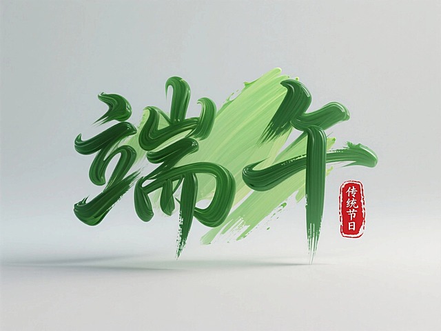 东方禅韵化表达，“端午”字，空间感立体书法艺术作品，具有流动的笔触，立体饱满的笔画，颜料为各种绿色油画和丙烯混合颜料，右下角搭配红色印章“传统节日”，背景干净