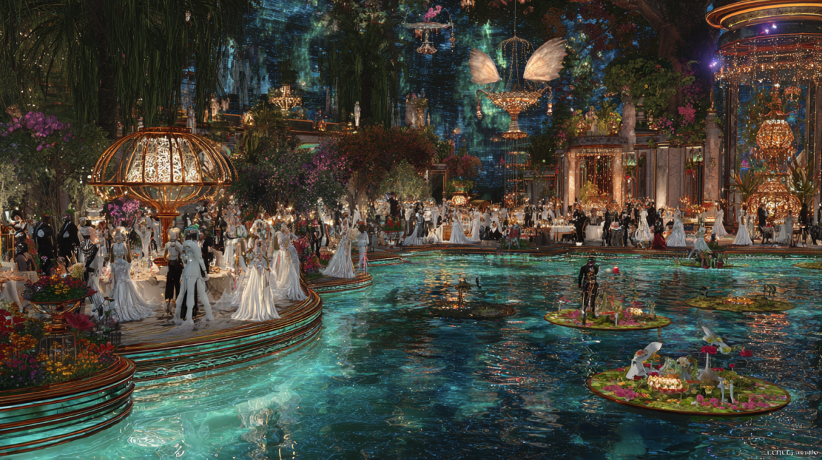Grand celebration in the Floating Gardens of Atlantis, nobility reclining on levitating divans of wo预览效果