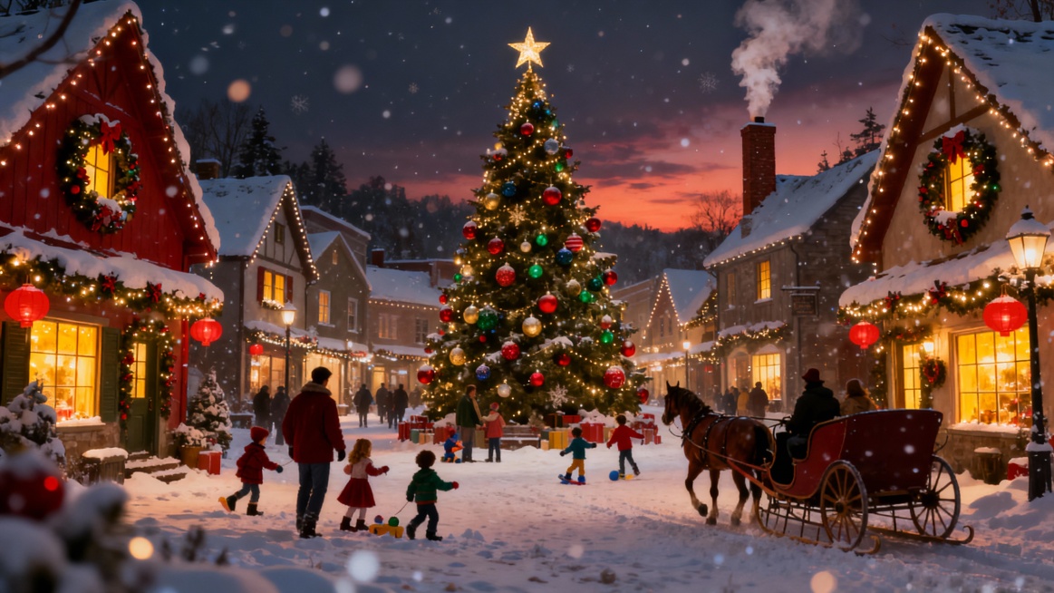 黄昏时分的温馨圣诞场景，雪花轻柔飘落在宁静村庄的小街上，两旁是装饰着闪烁彩灯、花环和红色灯笼的可爱小屋。镇中心广场矗立着一棵挂满彩球与星星的大圣诞树，周围有欢笑的家庭、在雪地里玩耍的孩子，以及一辆停靠预览效果