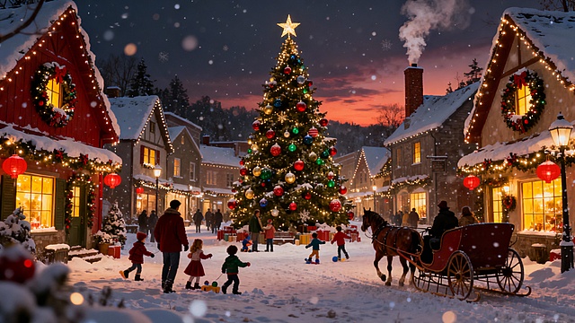 雪夜小镇，彩灯闪烁，圣诞树璀璨，孩童嬉戏，暖光映雪，节日氛围浓郁而温馨。
