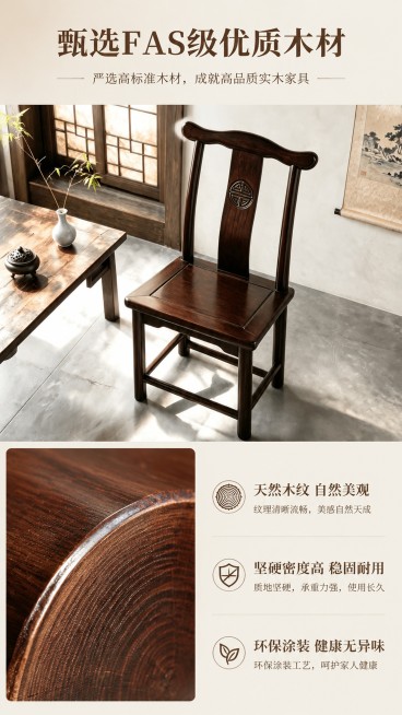 [第3屏] FAS级实木材质深度解析。本屏使用【图3】作为产品主体展示，增加木材细节特写。
[氛围/风格] 自然原生质感，真实材质展示，专业可信的视觉风格。
[元素布局] 上半部分展示椅子整体，下半部预览效果