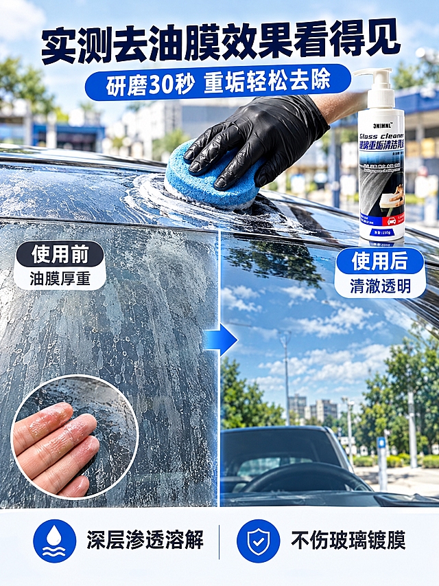 [商品] 使用【图1】玻璃重垢清洁乳液，白色按压瓶装，150g，瓶身含"Glass cleaner""玻璃重垢清洁乳液""3NIMNL"等文字和蓝白渐变标签、汽车图案；保留瓶身结构、颜色、材质、按压泵头和所有原始文字，清晰化处理。
[画面] 第4张核心功能实测，目标可视化展示去油膜清洁效果。左右对比布局：左侧是清洁前的汽车玻璃，布满厚厚的油膜水渍，表面灰蒙蒙不透明，用手摸有粘腻感；右侧是使用本产品清洁后的玻璃，清澈透明，能清晰看到外面的景色。中间用分割线区分before/after。画面上方有一只戴黑色手套的手拿着蓝色海绵在玻璃上研磨的动作特写，旁边放着产品瓶。真实户外洗车场景，自然光。
[视觉] 套系策略：风格=高清写实实测对比风格；标题字=粗黑体大字；正文字=常规无衬线体；主色=洁净白+清透蓝；背景延展=真实汽车玻璃特写+户外环境虚化；强调色=深蓝，仅用于小面积标签和图标；标题色=深蓝黑色；正文色=深灰色；组件=左右对比分割线、before/after标签、效果箭头；光影=自然光，侧光突出玻璃通透感。
[文字] 顶部主标题"实测去油膜效果看得见"，副标题"研磨30秒 重垢轻松去除"，左侧标注"使用前 油膜厚重"，右侧标注"使用后 清澈透明"，底部2个短卖点："深层渗透溶解""不伤玻璃镀膜"，全部横排。
[规格] 图片比例3:4竖版，2K分辨率，避免变形、错字、文字过小、模糊、噪点、水印、平台Logo、绝对化用语。