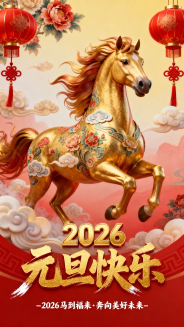 2026年马年元旦视觉创意海报，居中对称式构图严格遵循黄金比例1:1.618，8K超高清细节。主体为一匹姿态优雅的彩金色骏马跑的姿势，骏马采用传统中国工笔画风格与现代3D立体效果相结合，鬃毛飘逸，眼神预览效果