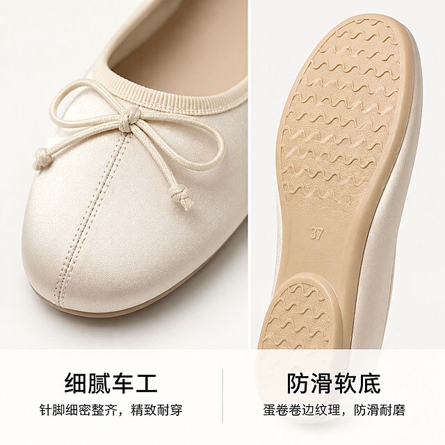[主图-3] 细节拼贴展示两款法式芭蕾单鞋。
[氛围风格] 产品细节展示，干净高级；
[画质] 商业摄影质感、光线柔和通透、产品清晰真实、画面干净高级。
[元素] 画中画拼图布局，左侧大区域展示鞋头针脚细节特写，奶白色缎面车线整齐工整，浅口包边细节清晰；右侧小区域展示鞋底整体造型，蛋卷卷边防滑纹理细节放大，浅米色橡胶大底纹理清晰；背景为纯净米白色画布，整体干净简洁；保持鞋子材质结构真实一致，杜绝变形。画面布局合理，文字不遮挡细节。商品主体占比约80%，满屏无边框。
[光影] 顶置柔光箱打光，均匀照亮各个细节区域，针脚和纹理凹凸清晰，明暗对比适中突出质感。
[配色] 主色调奶白+浅米，干净素雅配色。
[视角构图] 分屏特写拼贴，每个区域都为平视特写，突出产品工艺细节。
[文字版式] 底部通栏半透明蒙层，分两列放置卖点，左侧「细腻车工」右侧「防滑软底」，黑色文字白底，大小对比清晰。
[输出要求] 1:1 比例，文字清晰可辨，超高清商业摄影质感；
[负向提示词] 变形，文字错乱，产品图模糊，背景杂乱，水印，电商平台Logo，细节模糊