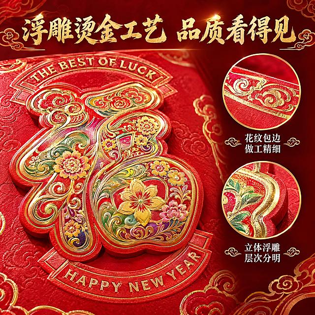 [主图-3] 材质细节与工艺品质展示，突出烫金浮雕工艺和精美做工。
[统一基调] 国潮喜庆风格，红金主色调，背景为深红色渐变搭配金色祥云纹理，标题字体为大气书法体金色字，辅助文字为白色宋体，整体氛围高端大气有年味。
[画面] 画面主体为image3中的福到万家款撕历的局部放大特写，聚焦在撕历中央的彩色福字烫金浮雕区域，占画面约60%，清晰展示烫金浮雕工艺的立体层次感和金属光泽，能看到福字上的彩色花卉纹样细节和红色纸面的祥云压纹质感。右侧叠放两个圆形放大框：上方放大框展示撕历顶部花纹包边的细节纹理，下方放大框展示福字边缘的浮雕立体感和描金细节。每个放大框旁配简短文字说明。
[光影质感] 微距摄影质感，侧光突出烫金浮雕的立体感，金色部分有明显金属反光，彩色花纹色彩饱满，红色纸面纹理清晰可见，细节丰富，质感高级。
[配色] 主色中国红+金色，辅助色米白，背景深红渐变，放大框金色描边。
[文字版式] 顶部主标题"浮雕烫金工艺 品质看得见"金色书法大字。右侧两个放大框旁分别标注"立体浮雕 层次分明"和"花纹包边 做工精细"白色文字。文字不遮挡主要细节区域。
[输出要求] 1:1正方形比例，2K分辨率，细节清晰，纹理分明，文字清晰可读，无变形，无错字，无水印，无平台logo。