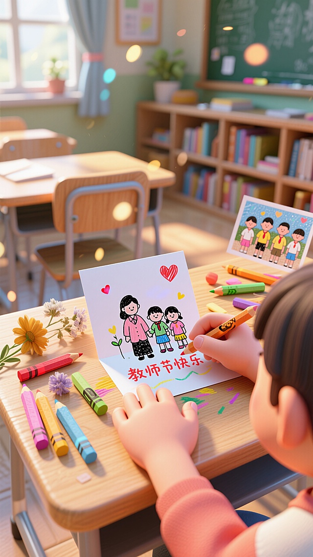 清新卡通插画风，手账水彩元素，学生绘制教师节贺卡，温馨教室氛围。