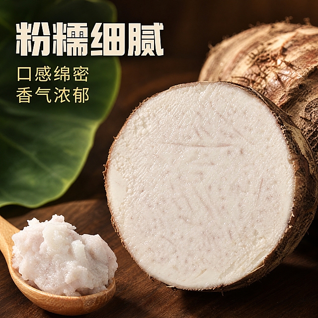 [主图-3] 芋头 细节微距与口感展示。
[统一基调] 整体风格为自然新鲜田园风，背景主色为暖棕色与翠绿色渐变，标题字色为米白色，辅助字色为浅金色，强调色为翠绿色，字体样式为粗黑体厚重有力，字号层级分明，卡片样式为圆角半透明深棕色底，图标为简约线性风格。
[画面] 微距特写镜头，画面主体是被切开的芋头横截面特写，占比约70%，居中偏右放置。芋肉洁白细腻，纹理清晰可见，表面有微微的湿润光泽，仿佛能感受到粉糯的质地。旁边摆放着半个带皮的芋头，表皮棕褐色带有天然纹理和少量泥土，与输入图外观一致。背景是模糊的深棕色木质纹理，左上角有几片新鲜的绿色芋头叶作为点缀。画面左下角有一个小木勺，舀着少许蒸熟的芋泥，呈现出粉糯绵密的状态。
[光影质感] 柔和的侧逆光，主光从右上方打来，在芋肉切面上形成细腻的光影层次，突出芋肉的细腻纹理和粉糯质感。边缘有轻微的轮廓光，让主体从背景中凸显出来。底部有柔和的接触阴影，整体质感高级，商业美食摄影级水准。
[配色] 背景深棕色暖调，芋肉洁白色，表皮棕褐色，点缀翠绿色叶片，标题米白色，辅助文字浅金色，整体色调温暖高级，突出食材质感。
[文字版式] 左上角放置主标题"粉糯细腻"，粗黑体大号米白色字。下方两行辅助文案："口感绵密""香气浓郁"，浅金色细黑体，字号较小。文字均放在左上角负空间，不遮挡芋头切面主体。
[输出要求] 比例1:1，文字清晰可读，产品清晰完整，无变形，无错字，无模糊，无杂乱元素，无水印，无平台Logo。禁止出现新鲜直达、核心产区、自然采摘、产区直供、当季新货、现摘现发、坏果包赔、现挖现发、手工挖采等字眼。