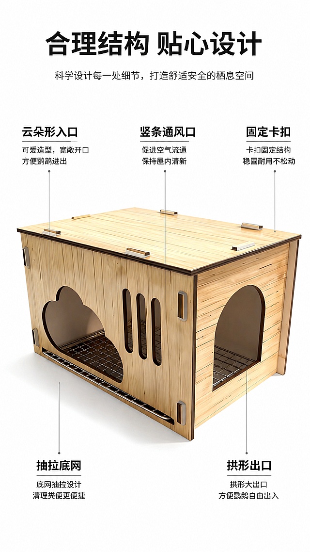 [第3屏] 结构解析页-引线标注鹦鹉实木躲避屋核心结构，本屏使用【图1】作为商品主体。
[氛围/风格] 专业解析风格，简洁清晰，突出产品结构优势。
[元素布局] 产品居中展示，用细引线引出各个核心部位：云朵形入口、拱形出口、竖条通风口、抽拉底网、固定卡扣，每个引线旁标注结构名称和优势，保留产品本身所有结构形状尺寸不变。
[光影质感] 均匀柔光，每个结构部位清晰可见，阴影柔和不遮挡细节。
[配色色系] 全局底色 #FFFFFF，原木色产品，深灰色引线，黑色标注文字，干净清爽。
[视角构图] 斜侧居中视角，产品完整展示，引线标注不拥挤。
[文字版式] 顶部主标题「合理结构 贴心设计」，每个引线标注对应部位名称和优势，文字小巧清晰不遮挡产品。
[比例分辨率] 9:16 竖版比例，4K分辨率，文字清晰可辨，高清画质。
[负向提示词] 产品变形，引线错乱，文字遮挡产品，结构标注错误，水印。