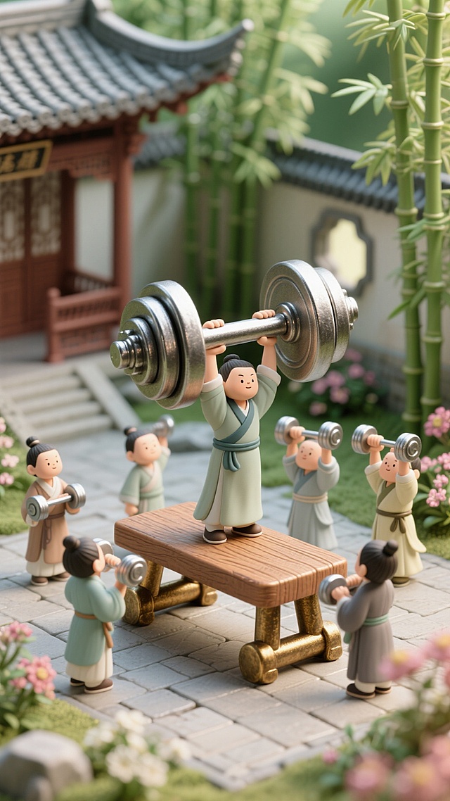 一个巨大的健身哑铃凳，古风小人围绕每人手里拿着一个哑铃，背景古风庭院