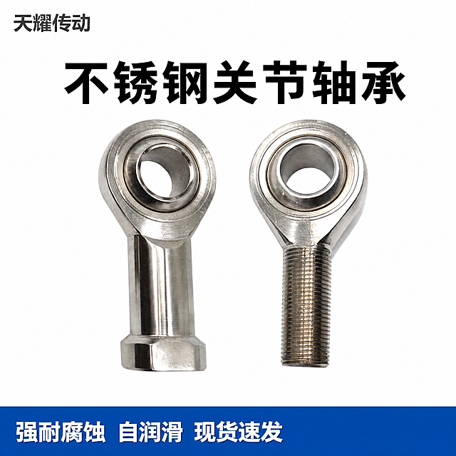 「图片1」，生成一套主图（5张），，商品名称是不锈钢关节轴承，厂家是天耀传动，卖点是强耐腐蚀，自调心 + 多向运动，低摩擦 / 自润滑，结构紧凑，风格是机械传动，适配平台，主图比例为1:1