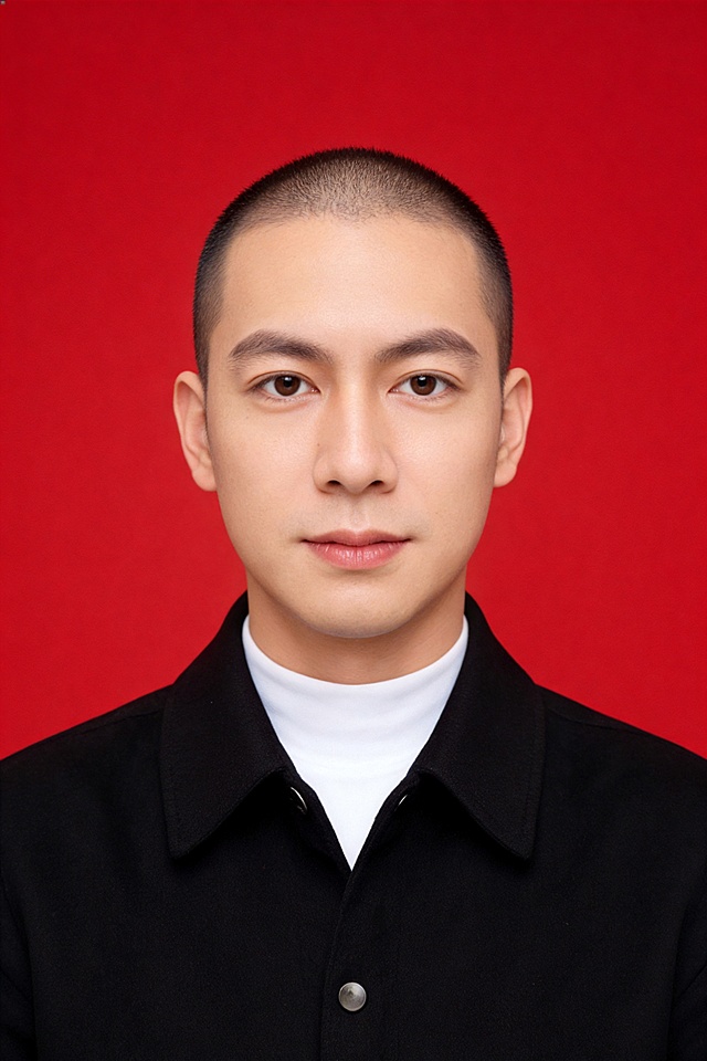 保留第一张图中人物发型､脸型､年龄特征生成标准样式纯正面证件照;人物主体严格居中,头部大小与位置严格对齐第二张图,双肩水平平衡,面部中轴线对齐画面中心,正视前方;标准证件照构图,人物绝对居中;头顶上方距离上边缘高度10%,下巴距离画面下边缘高度30%,人物主体占比约68%;肩部平展与画面水平轴平行;头部占比严格对齐第二张图;提亮肤色,消除暗沉,清透裸妆,隐形毛孔,均匀肤色,唇色自然提亮;肤色白皙细腻,肤质呈现匀净哑光质感(自然白皙);轻透裸妆+重点提亮;唇色润泽(半哑光质地);眼神澄澈,看向镜头,气质自信,嘴角微微上扬表情自然;耳廓可见度一致;肩部平展,肩线与画面水平轴平行;头肩比例协调呈现;免冠,不戴帽子,无头饰,无发带;标准焦段50mm,纯正面,入境范围头部至胸部以上区域,F/4光圈(兼容F/2.8-F/4区间),平视视角(镜头与人物视线完全齐平),正视视图;人物绝对居中(居中构图),位于画面中心;严格限定标准证件照规格;视线水平(瞳孔连线与画面水平线平行);双耳对称露出,双肩水平且平衡,头部占比严格对齐垫图,禁止大头照(画面铺满画布,无边框留白);柔和正面顺光均匀柔光,面部明亮无硬影,背景均匀提亮,画质清晰,零噪点降噪;面部清晰;背景亮度均匀统一;高清锐利画质,细节清晰可见;零噪点处理;色彩还原自然,均匀柔和布光,无明显阴影,面部光影干净,柔光正面打光,自然光影过渡,皮肤质感细腻,哑光质感;专业证件照质感,高清人像质感,细腻皮肤纹理;严格按照第一张图内容生成,分辨率4K,无胡子,面部无痣,身着黑色翻领外套,内搭白色高领打底衫,不戴眼镜,极简纯色红色背景,背景无阴影,无杂边,高清8K专业证件照,禁止裁切头顶,禁止额头被截,禁止超大头,禁止主体溢出画面,禁止偏头/倾斜,头顶上边距8-10%, 头部高度60-68%, 双眼高度56-58%, 严格对齐第二张垫图, 画面比例2:3