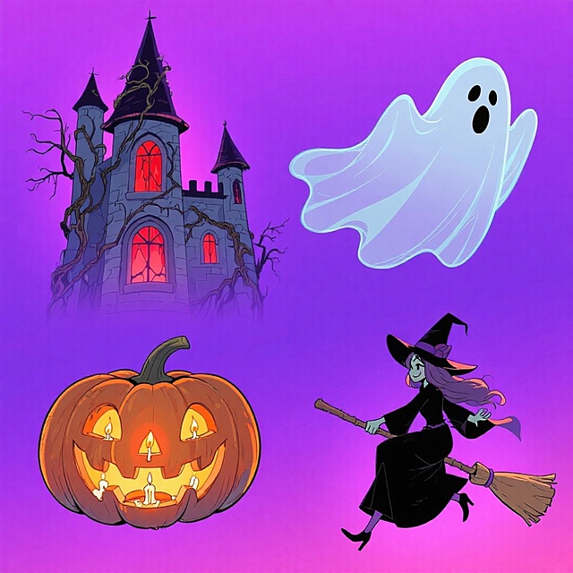 4个万圣节元素，分别是幽灵、古堡、女巫、南瓜灯，高创意设计。上下两行整齐排列，紫色背景。