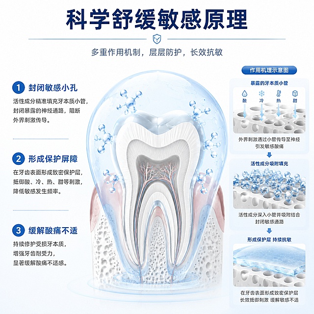 [第2屏] 详情页功效原理屏-葵花医用牙齿脱敏膏成分功效解析。
[氛围/风格] 科研医学感，清晰专业，简约大方。
[元素布局] 本屏为功效解析，无需主体产品图。画面中心区域放大展示3D牙齿剖面结构，脱敏成分分子吸附在牙齿敏感区域形成保护，用浅蓝色透明防护盾可视化展示抗敏感效果；左侧排列三个编号功效点，右侧保留机理示意图，所有元素占屏超过60%，画面干净信息层级清晰。
[光影质感] 均匀柔和实验室无影灯光照，3D分子结构明暗清晰，轮廓清楚，没有杂乱阴影。
[配色色系] 全局底色 #ffffff，主色浅蓝色，辅助牙本质浅灰色，保护盾半透明浅蓝渐变，深蓝色标注文字。
[视角构图] 正面平铺版式，上标题下内容，图文分块清晰，符合自上而下阅读习惯。
[文字版式] 顶部通栏主标题「科学舒缓敏感原理」，深蓝色加粗居中；左侧分三个编号卖点：1封闭敏感小孔 2形成保护屏障 3缓解酸痛不适，每个卖点配短句说明，文字左对齐，字号适中适合移动端阅读；示意图标注清晰，不遮挡核心内容。
[比例分辨率] 1:1 比例，4K 分辨率，文字清晰可辨，高清画质。
[负向提示词] 结构变形，文字错乱，文字过小，水印，虚假医疗宣传，颜色脏脏，背景杂乱，过度夸张对比