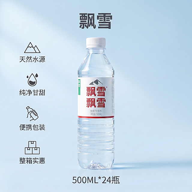 将所有文字中的鼎湖山泉品牌修改为飘雪，包含顶部标题、瓶身标签、左上角绿色竖标，保持整体布局、浅蓝色背景、四个卖点图标和文字不变，仅修改品牌名称，保持瓶装饮用水外观（物理结构、材质质感、颜色）绝对一致，杜绝变形和色差。商业摄影质感，光线柔和通透，产品清晰真实，文字清晰锐利，超高清。
负向提示词：变形，文字错乱，产品模糊，色差，布局改变，遮挡主体