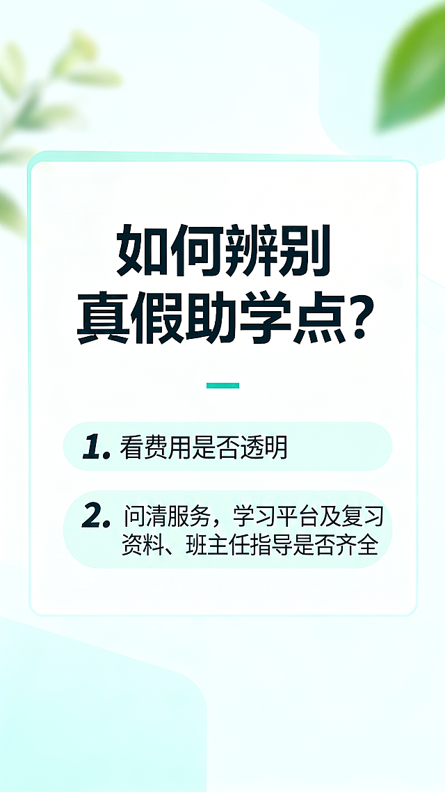 把图片里面的两点换成这个1.看费用是否透明，2.问清服务，学习平台及复习资料、班主任指导是否齐全