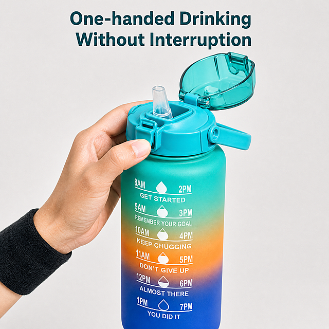 [New Main 2] One-handed operation demonstration for flip straw lid of gradient water bottle. Close-up shot: a person's hand opens the flip lid with one thumb, shows the straw drinking port, highlights that it can be operated without interrupting exercise. Keep the bottle body gradient texture and lid structure completely consistent with the original product. Clean light gray background, focus on the hand and lid operation action. Add English title "One-handed Drinking Without Interruption" at the top, text clear and not blocking the product. 1:1, 2048*2048, 2K resolution. All text English, comply with cross-border rules. Negative prompt: hand blocking the whole bottle, deformation, extra Chinese, unclear structure.
