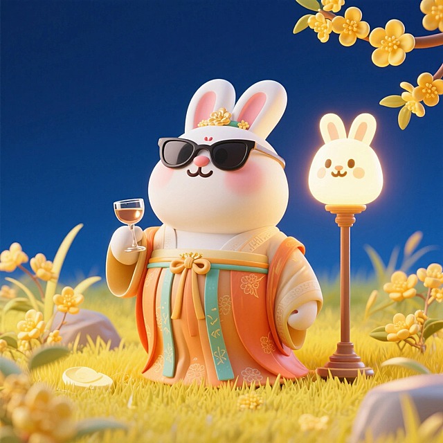 胖胖的带着墨镜的穿嫦娥衣服的可爱白兔为中心，拿着一个酒杯，旁边立着一个发光的兔脸兔耳灯，周围点缀桂花与黄色草甸，背景深蓝简洁，柔和暖光，中秋治愈氛围