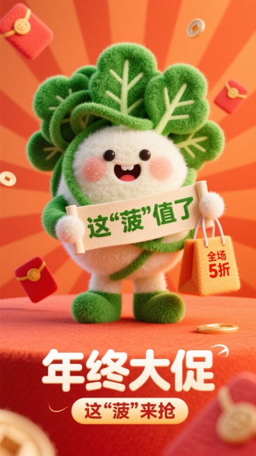 主视觉为可爱菠菜小人手持卷轴，写有 这“菠”值了，旁边放着一个购物带，挂着一个带“全场5折”的标签，促销感橙红背景，放射线、红包元素点缀，画面下方3D文字标签“年终大促 这‘菠”来抢。预览效果