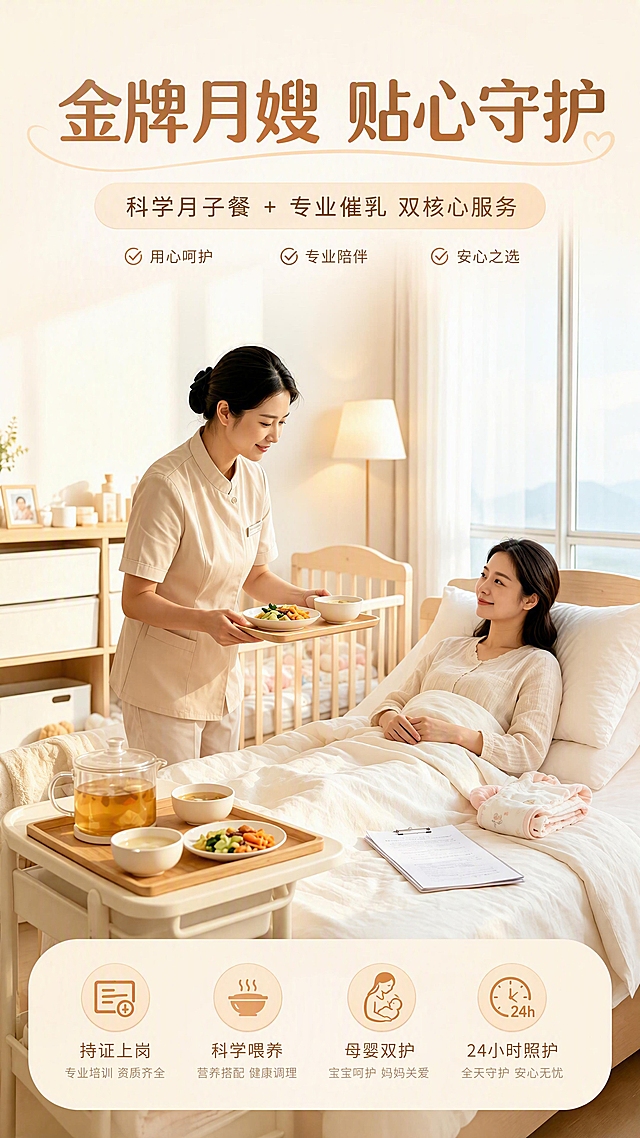 [第1张] 详情页头图-金牌月嫂上门服务主视觉海报。本张使用【图1】作为服务场景主体，保留月嫂端送月子餐的温馨画面。
[氛围/风格] 温馨暖调、专业可信、居家实景感，柔和自然光，商业摄影质感。
[元素布局] 画面主体为月嫂微笑端着月子餐托盘站在床边，宝妈靠坐在床上微笑对视，背景是明亮温馨的卧室，婴儿床在后方，前景有月子餐推车和养生茶壶。人物形象、服装、场景布局与输入图一致。
[光影质感] 右侧窗户自然光为主光源，室内暖光辅灯，柔和漫射，人物面部光线均匀，整体温暖明亮。
[配色色系] 全局底色 #FFF8F0（暖米白）；主色暖杏色 #F5E6D3；辅助色浅木色、白色床品；点缀色淡粉。
[视角构图] 平视微侧角度，景深适中，人物为视觉中心，阅读动线从顶部标题 → 中部人物场景 → 底部卖点条。
[文字版式] 顶部居中大标题「金牌月嫂 贴心守护」，副标题「科学月子餐 + 专业催乳 双核心服务」，字体温暖圆润；底部横向排列4个卖点图标+文字：「持证上岗」「科学喂养」「母婴双护」「24小时照护」；文字不遮挡人物主体。
[比例分辨率] 9:16 竖版比例，4K 分辨率，文字清晰可辨，高清画质。
[负向提示词] 人物变形，面部模糊，文字错乱，文字过小，水印，颜色偏差，场景杂乱，表情不自然。
