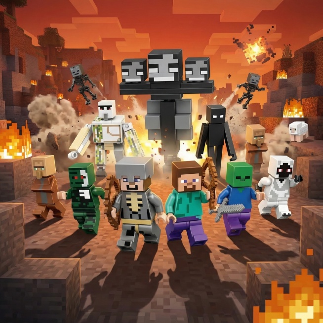 重新生成，缩小所有人仔占据画面的比例，调整站位凸出主次关系，保留原有的13款我的世界人仔，维持生动形象和热血战斗氛围预览效果