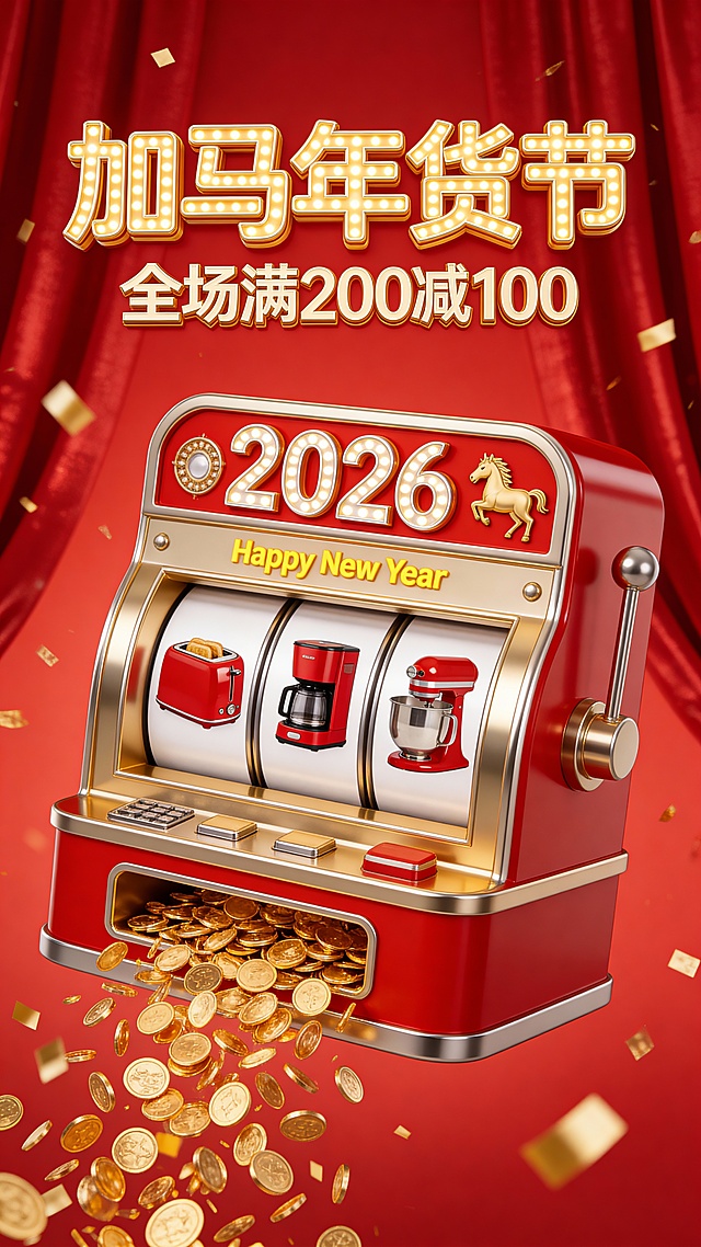3D写实风，视觉中心是一台老虎机造型装置（悬空，正面视角，金属材质金红配色，机器上装饰“2026”立体数字、小金马，机器中部装饰“Happy New Year”黄色小字，机器底部吐出大量金币，金币飞泄出去），机器滚轮区转出图中商品。背景是红色光泽幕布，周围散落金色碎片。顶部金色3D灯牌标题“加马年货节”，副标题3d金色小字“全场满200减100”。