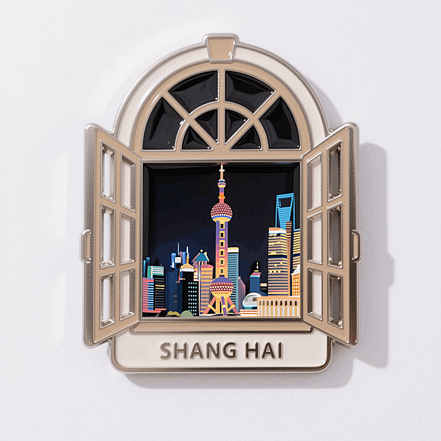 金属冰箱贴，边框为摩登复古窗户造型，窗景是东方明珠夜景，下方小字写着“SHANG HAI”，都市氛围，配色明亮