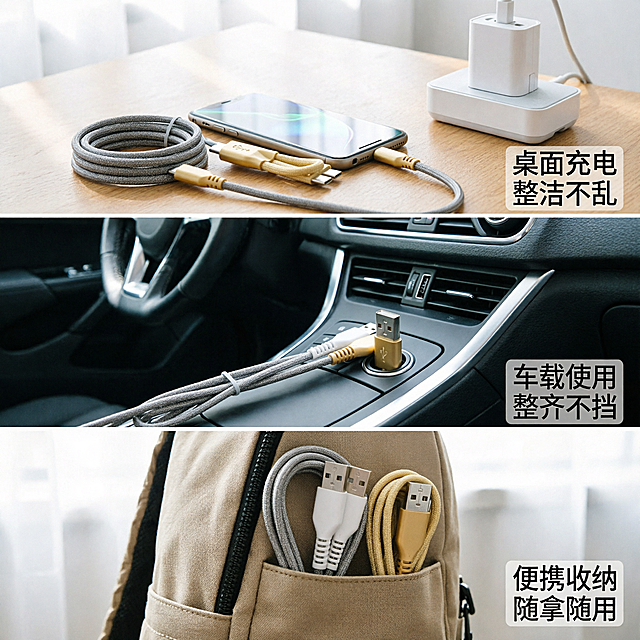 [主图-4] 超快充数据线多场景使用展示页
[氛围风格] 生活化场景代入，真实自然
[画质] 真实场景商业摄影，产品清晰，场景氛围自然，产品接头不变形
[元素] 画面使用三宫格拼贴，分别展示三个常见使用场景，每个场景中的数据线产品都**严格保持USB接头形状、颜色、金属细节和原始图完全一致，不改变任何接头细节，仅摆放到对应场景中**：第一格：桌面充电场景，圆形整理的数据线连接手机和充电头，放置在木质桌面；第二格：车载充电场景，数据线连接车载USB接口，线材整齐不凌乱；第三格：出行便携场景，圆形收纳的数据线放在背包侧袋，展示不打结易收纳
[光影] 每个场景都用自然柔和光线，产品突出清晰，场景光感真实自然
[配色] 场景色调自然清新，产品颜色与原图保持一致，背景不过分抢主体
[视角构图] 三宫格均分构图，每个场景展示一个使用方式，构图饱满不挤压
[文字版式] 每个场景角落标注场景卖点：桌面场景标注「桌面充电 整洁不乱」，车载场景标注「车载使用 整齐不挡」，出行场景标注「便携收纳 随拿随用」；文字浅色半透底衬托，清晰不遮挡产品
[比例分辨率] 1:1比例，2048*2048分辨率，超高清
[负向提示词] 接头变形，形状改变，接口变形，注塑变形，颜色偏差，文字错乱，产品图模糊，背景杂乱，水印，电商平台Logo