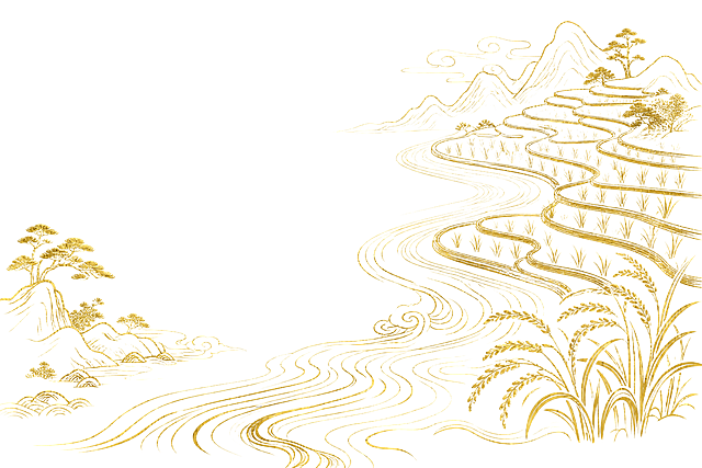 金色山水河流稻田线条图案，右侧蜿蜒的河流和梯田稻田，纯金色线条插画，国潮风格，透明背景无底色