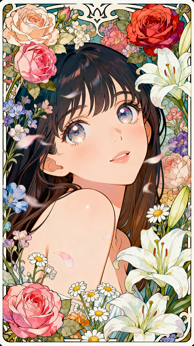 插画风少女置身繁花之中，水彩质感与柔和光影交织，营造出梦幻唯美的浪漫氛围，花瓣飘落间尽显清新甜美。