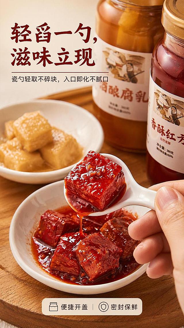 [第6屏] 手部操作屏-舀取腐乳动作特写。本屏使用【图4】中手部持勺舀红方腐乳动作为灵感，结合【图3】酒酿腐乳块形态，生成真实手部操作场景。[氛围/风格] 生活化动作抓拍风，聚焦手与产品互动，高清细节。[元素布局] 手部从右下入镜，持瓷勺舀起一块香酥红方腐乳，卤汁拉丝；左上小碗盛酒酿腐乳备用；背景虚化木质桌面与产品瓶身。[光影质感] 主光来自左前方，手部与腐乳受光均匀，勺面反光自然，卤汁高光点清晰。[配色色系] 全局底色 #F7F2EC；主色深红、琥珀、肤色；辅助色原木。[视角构图] 斜侧微俯视，焦点在勺尖腐乳块，动线引导至产品瓶。[文字版式] 主标题“轻舀一勺，滋味立现”，副标题“瓷勺轻取不碎块，入口即化不腻口”；底部标签：“便捷开盖｜密封保鲜”。[比例分辨率] 9:16 竖版，4K 分辨率。[负向提示词] 手部畸形、腐乳碎裂异常、动作失真、产品错位、文字过小。