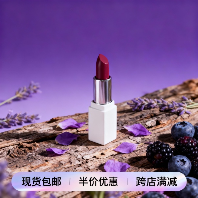 电商主图海报，商品图置于风化原木上，占画面比例40%，周围点缀薰衣草紫色花瓣与蓝莓黑莓；紫色渐变背景营造静谧安神氛围，底部呈现 “现货包邮”“半价优惠”“跨店满减” 卖点栏，具有渐变效果和轻微的光泽感预览效果