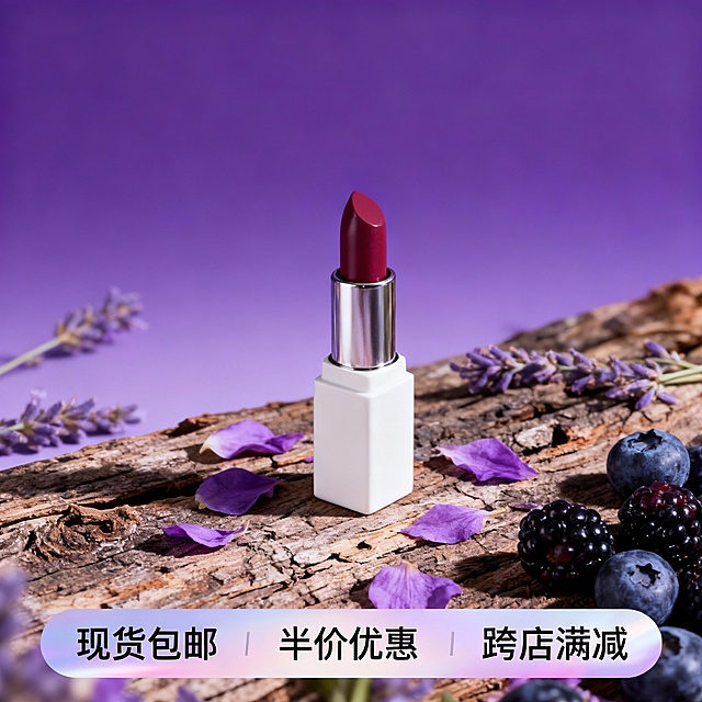 风化原木、薰衣草花瓣与柔和紫调光影交融，搭配酒红膏体、白壳口红，营造出浪漫雅致又治愈的氛围，尽显美妆品的自然精致感。