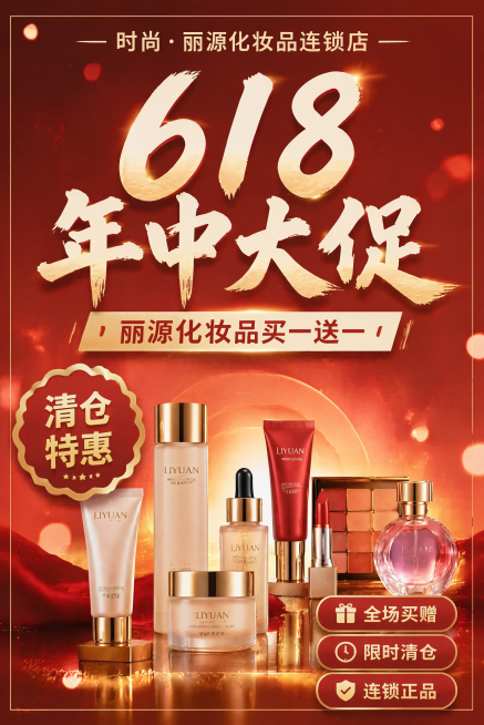 将原图改为竖版海报，保留原有所有文案和产品：顶部文字"时尚·丽源化妆品连锁店"，主标题"618年中大促"，副标题"丽源化妆品买一送一"，左侧"清仓特惠"标签，右下角三个卖点"全场买赠""限时清仓""连预览效果