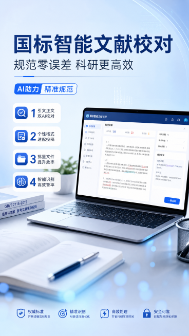 专业科技商务风格文献校对软件宣传海报，版式精美。主标题“国标智能文献校对”，副标题“规范零误差 科研更高效”，装饰文案“AI助力 精准规范”。卖点文案：1 引文正文双AI校对 2 个性格式适配投稿 3预览效果