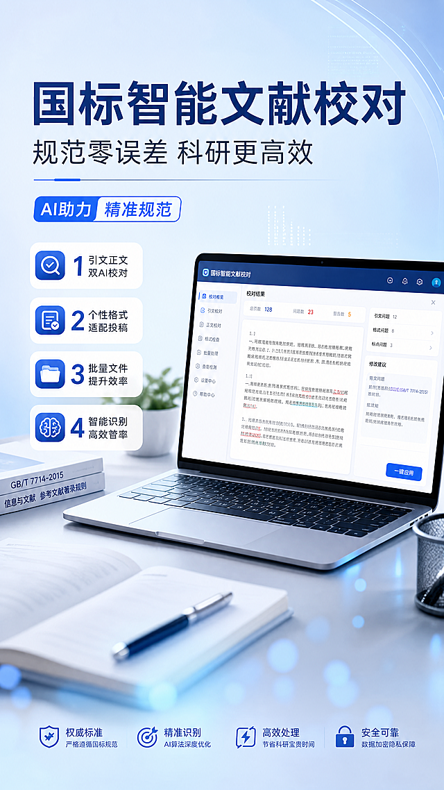 专业科技商务风格文献校对软件宣传海报，版式精美。主标题“国标智能文献校对”，副标题“规范零误差 科研更高效”，装饰文案“AI助力 精准规范”。卖点文案：1 引文正文双AI校对 2 个性格式适配投稿 3 批量文件提升效率 4 智能识别高效管控。背景采用简约科技蓝渐变，搭配浅灰色电脑办公桌面场景，45度斜视角，画面空间层次分明，前景虚化点缀淡蓝色光斑，整体专业简洁，突出软件专业属性。所有文字清晰可读，分区排版合理，主次分明，四边留足安全边距，卖点以简洁标签形式呈现，不遮挡主体，整体氛围专业可信，符合学术科研工具定位，画质超高清