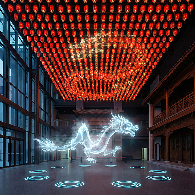 中国科技馆风格，龙形状幻影成像互动展项，地面设有踩踏点，空中悬吊矩阵红灯笼，灯笼点亮后组成龙形图案，不出现文字，照片级渲染，远景视角，超清晰，高分辨率