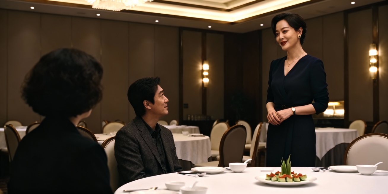 个体经营者，干净整洁的饭店圆桌饭店包厢背景，40岁左右亚裔女性老板面容轻松，妆容精致，站立正在与前来就餐的坐着的客户闲聊，镜头对侧脸，拉远，图片尺寸2000*1000预览效果
